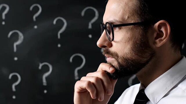 Man with beard contemplating solution against question mark background