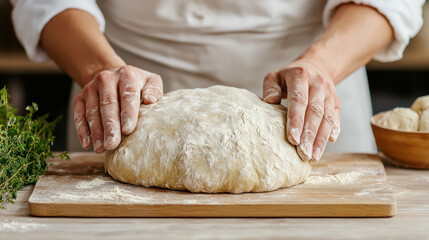 Hands dough on wooden board sunlight warm homemade bread making
