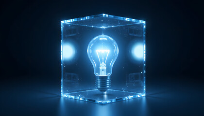 Stunning lightbulb glows radiantly in a modern cube, symbolizing innovative ideas, creative solutions, and brilliant inventions for business success