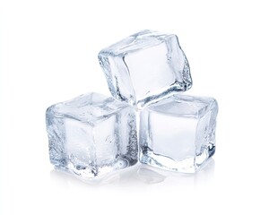 Three Clear Ice Cubes on a Reflective Surface Displaying Freshness