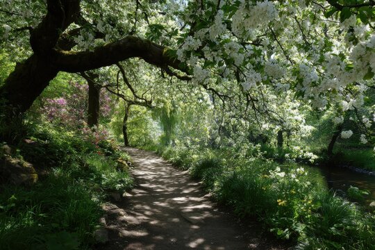 Idyllic Garden Walkway Under Blooming Pink and White Cherry Blossom Trees and Willow garden path pink flowers - Powered by Adobe