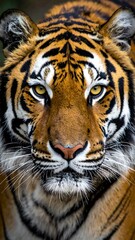 Obraz premium Close up of an orange and black striped tiger, gazing directly into the viewer