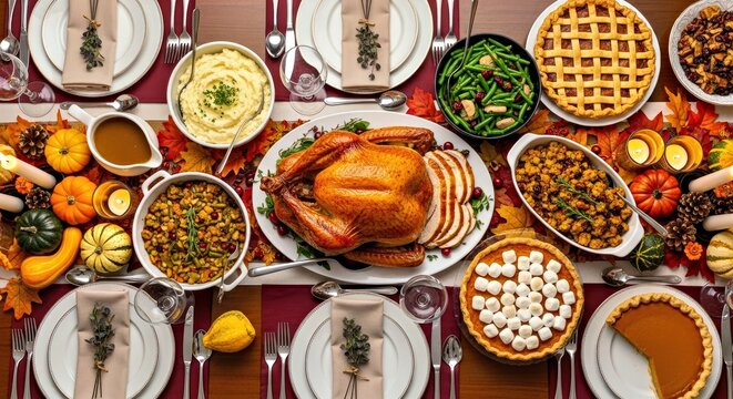 Thanksgiving Turkey Feast Autumn Harvest Table With Pumpkin Pie and Sweet Potatoes