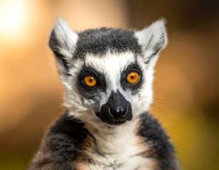Obraz premium Close up of a ring-tailed lemur with striking orange eyes against a blurry background