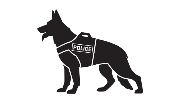Police dog silhouette vector illustration of a German Shepherd wearing a police vest isolated on white background