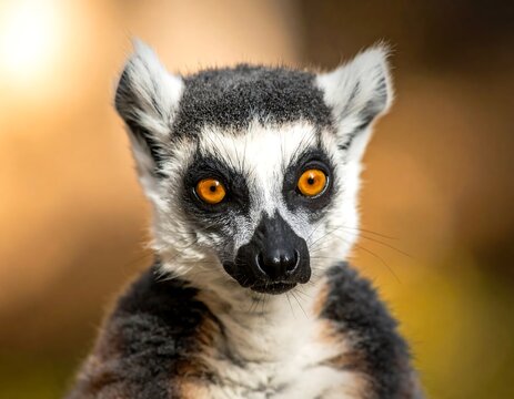 Close up of a ring-tailed lemur with striking orange eyes against a blurry background