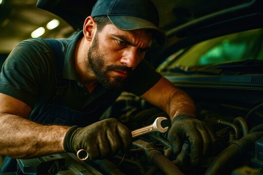 A man in a blue shirt and hat is fixing a sink