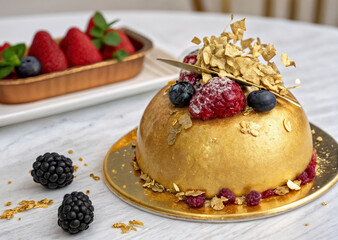 chocolate dessert with golden glaze, raspberries and fruits