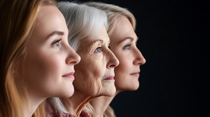 A series of portraits showing the natural progression of age across three generations. The background is a solid, dark color to emphasize the shapes of each face.