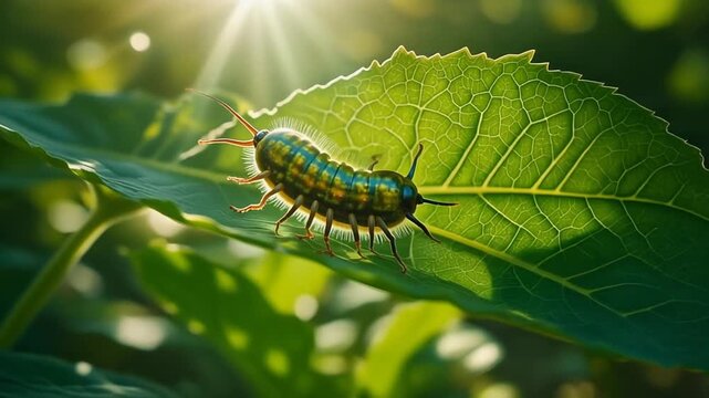 A tiny, colorful larva rests on a vibrant green leaf, illuminated by a brilliant sunbeam, symbolizing a moment of natural purity and renewal in a sunlit glade
