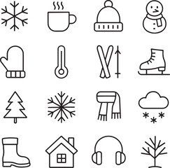 Vector monochrome line icon set about winter