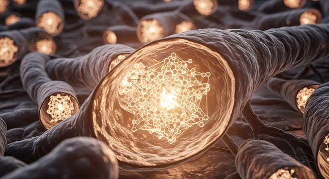 A highly detailed close-up of a glowing filament inside a futuristic light bulb with intricate network patterns and a warm illuminated core, set against a dark background