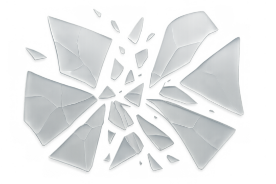 Shattered glass pieces scattering, breaking barrier, expressing damage, destruction, and fragility with transparent background