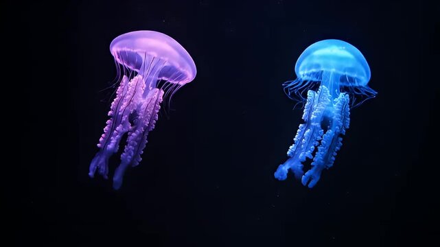 Two vibrant glowing jellyfish floating in deep dark sea water