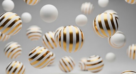 Abstract composition of floating spheres with gold stripes and white spheres on a plain background
