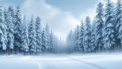 Winter Wonderland Snowy Forest Landscape with Pine Trees Covered in Snow