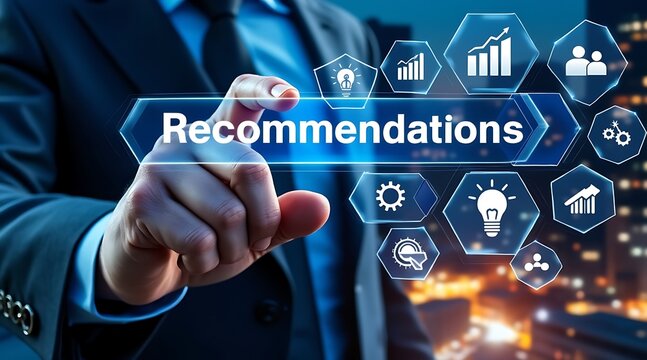 Businessman Touching Futuristic Screen with Recommendations and Icons image photo