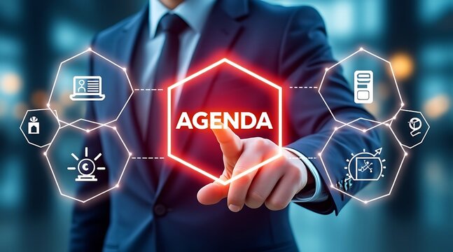 Businessman touching glowing Agenda hexagon with digital icons Keywords: agenda, business