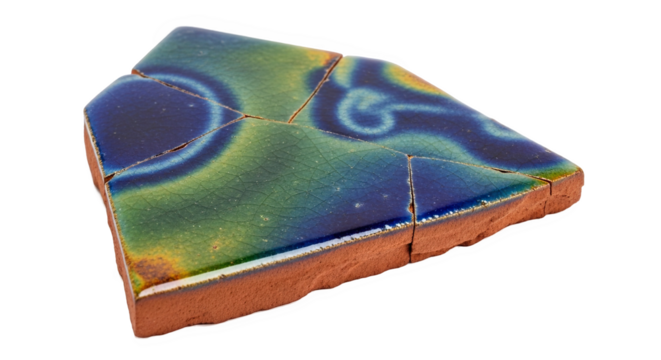 Broken ceramic tile with vibrant blue, green, and yellow glaze—swirling patterns, crackled surface, and terracotta base showcase artistic craftsmanship and restoration