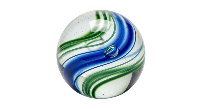 Transparent glass marble with swirling blue and green ribbons—spherical, vibrant, and intricately crafted, ideal for decorative use or collectible glasswork