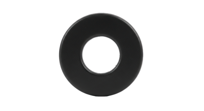 Black circular washer with central hole—smooth, solid, and symmetrical, commonly used in mechanical assemblies to distribute load and ensure secure fastening