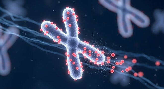 A highly detailed digital illustration of a chromosome with red dots representing genetic material, set against a dark background with other chromosomes faintly visible - Powered by Adobe