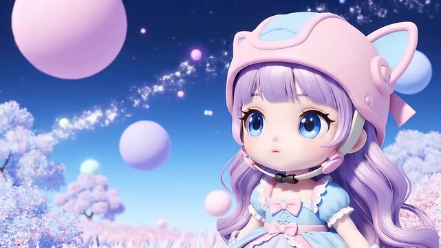 Adorable doll-like girl with pink helmet in fantasy pastel world