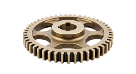 Metal gear with evenly spaced teeth, central hole and keyway slot—five curved spokes reduce weight while maintaining strength. Used in mechanical systems for torque transmission