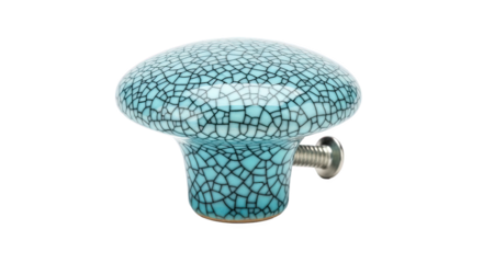 Turquoise ceramic knob with crackled glaze and attached screw—rounded, mushroom-shaped, and decorative. Ideal for enhancing drawers, cabinets, or furniture with artistic detail