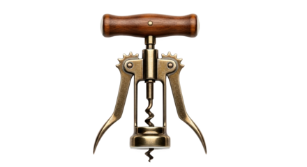 Winged corkscrew with wooden handle and vintage brass finish—features gears, levers, and helical screw for easy cork removal. Functional and decorative tool for wine enthusiasts