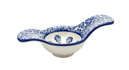 White ceramic bowl with wing-like handles and intricate blue floral interior—ornate, symmetrical, and handcrafted. Ideal for serving or decorative use in traditional settings