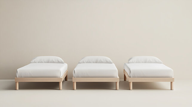 Three simple beds with white linen create a sense of calm and order in a minimalistic setting. The light wood frames add warmth to the serene bedroom. - Powered by Adobe