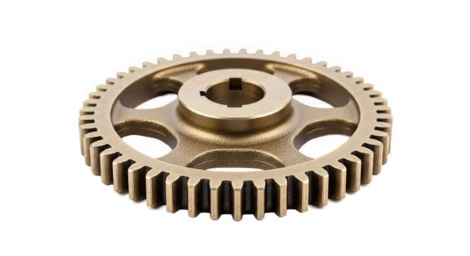 Metal gear with evenly spaced teeth, central hole and keyway slot—five curved spokes reduce weight while maintaining strength. Used in mechanical systems for torque transmission
