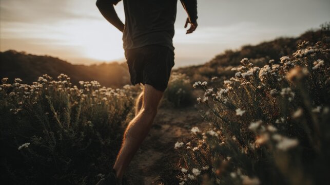 A man sprints through a beautiful forest in Los Angeles as the sun sets, surrounded by blooming wildflowers under a golden sky. The tranquil setting enhances his energetic run