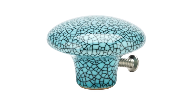 Turquoise ceramic knob with crackled glaze and attached screw—rounded, mushroom-shaped, and decorative. Ideal for enhancing drawers, cabinets, or furniture with artistic detail
