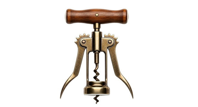 Winged corkscrew with wooden handle and vintage brass finish—features gears, levers, and helical screw for easy cork removal. Functional and decorative tool for wine enthusiasts