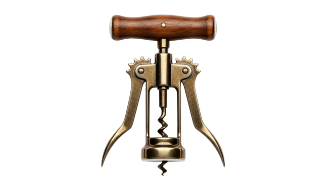 Winged corkscrew with wooden handle and vintage brass finish—features gears, levers, and helical screw for easy cork removal. Functional and decorative tool for wine enthusiasts