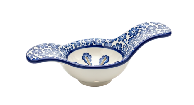 White ceramic bowl with wing-like handles and intricate blue floral interior—ornate, symmetrical, and handcrafted. Ideal for serving or decorative use in traditional settings