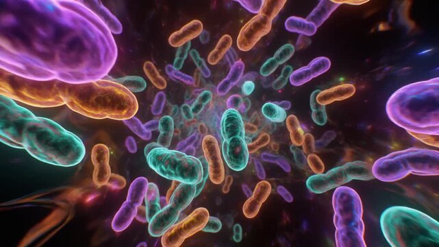 Colorful visualization of microscopic life forms, showing motile bacteria and cellular organisms powered by internal energy