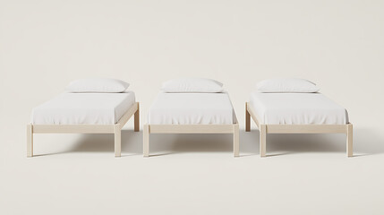 Three simple beds with a minimalistic design sit side-by-side, each featuring white sheets and pillows on a light wooden frame, against a plain, bright background.