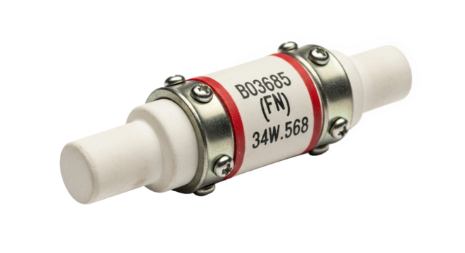 Ceramic electrical fuse with metal end caps and mounting brackets—used for overcurrent protection in circuits. Durable, heat-resistant, and labeled for identification