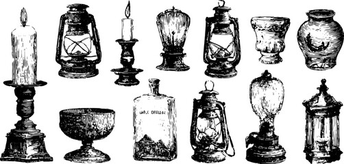 Engraved antique lighting objects illustrated in fine line detail. This vintage set includes candles and lanterns, presented as a vector illustration.