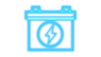 Vibrant glowing neon blue battery icon with a lightning bolt symbol representing electric power, energy, charging, and automotive concepts, isolated on transparent background.