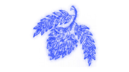 Stylized plant branch illustration with intricate white outline leaves on a vibrant blue background, creating a digital artistic aesthetic, isolated on transparent background