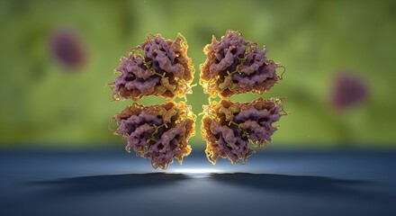A highly detailed close-up of a virus particle with a spherical shape and surface proteins, floating above a reflective surface with a blurred green background