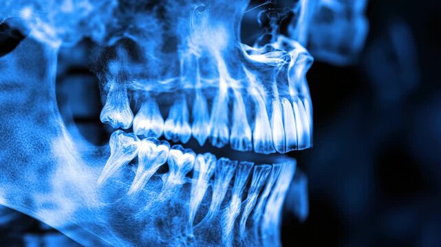 The x-ray reveals a human skull in a vivid blue tone, highlighting detailed features such as teeth and jaw alignment in a medical or educational context.
