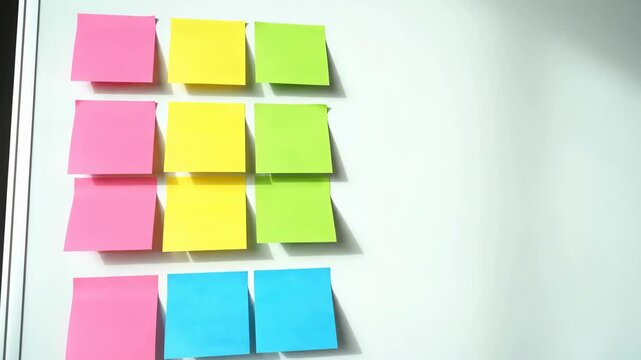 Whiteboard Covered With Colorful Sticky Notes Featuring Rows of Pink Yellow Green and Blue Under Soft Studio Lighting, Perfect For Stock