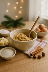 Holiday Cookie Dough Mixing Bowl on Wooden Table, Rustic Decor 