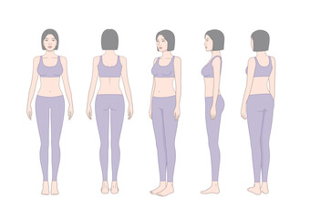 Obraz premium Female fitness body reference set – sportswear model front, side, and back view illustration