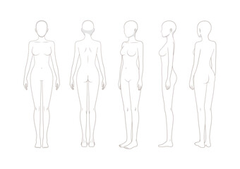 Female body rotation reference set, fashion figure template front side back views